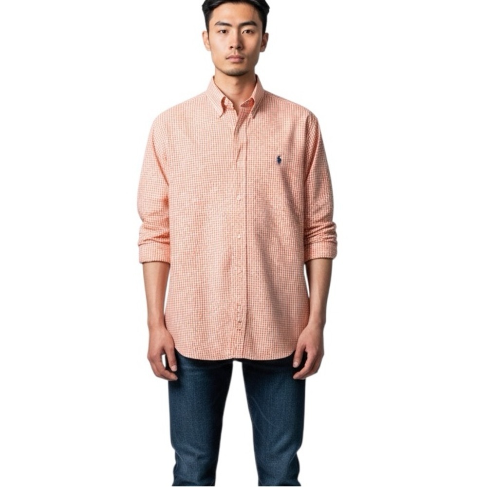 Polo Ralph Lauren Men’s Orange White Blake Micro Check Button Down Shirt Medium